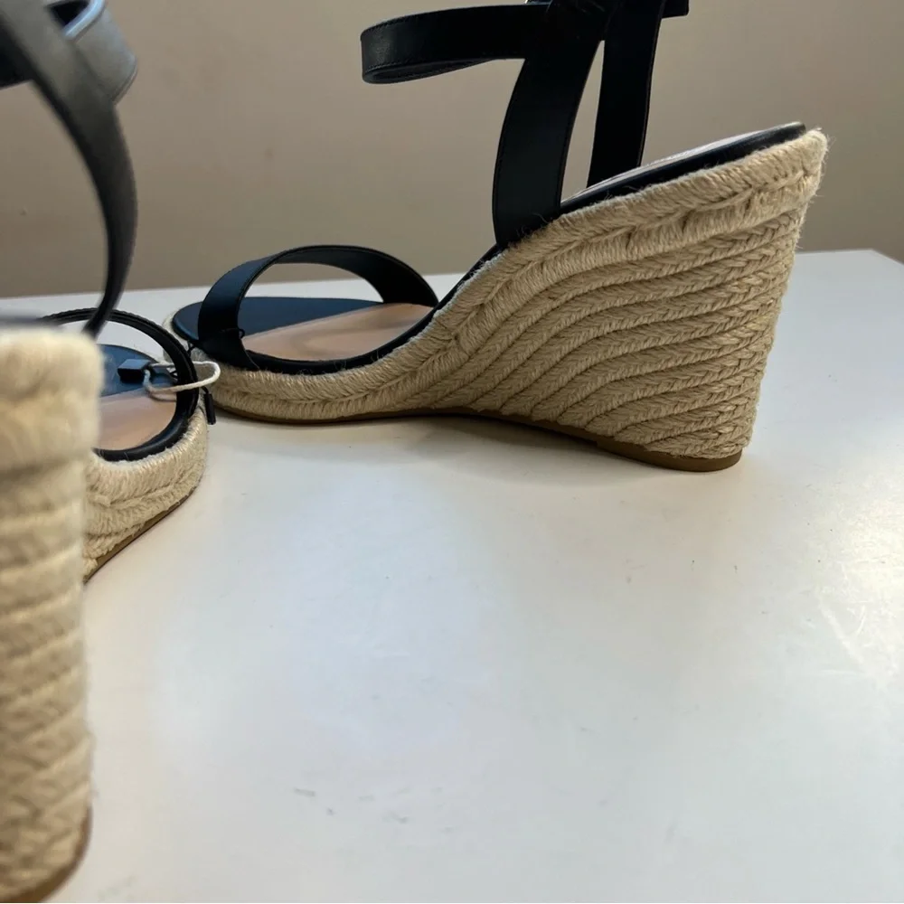 Stuart Weitzman Teddi Wedge Heel Leather Espadrille Sandals Womens 9.5 Black New